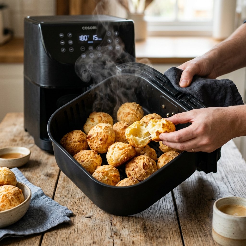 Cesto da air fryer com pães de queijo assados bem dourados e puxando queijo